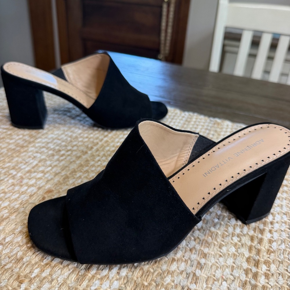 Adrienne Vittadini AV-ALBI Black Suede Textile Block Heel Mules Womens 7M